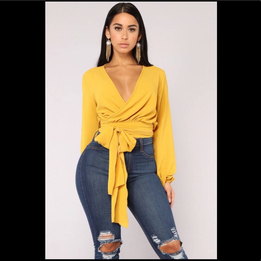 “Little White Lies” Mustard wrap blouse top